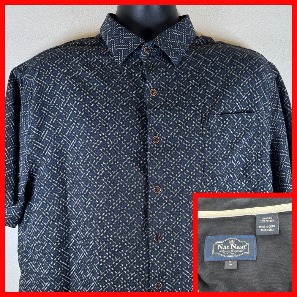 Nat Nast Mens Silk Cotton Blend Short Sleeve Button Up Shirt‎ L Geometric Print